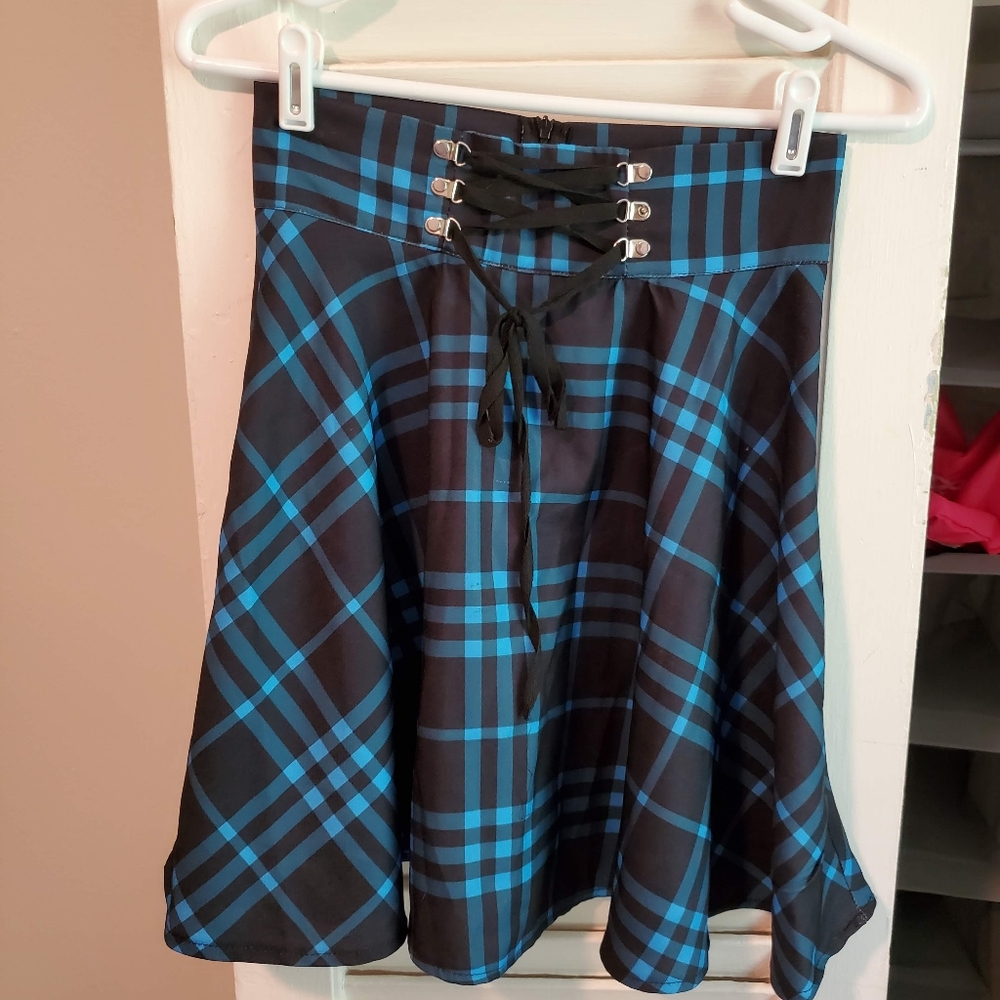 Blue plaid lace up skirt
